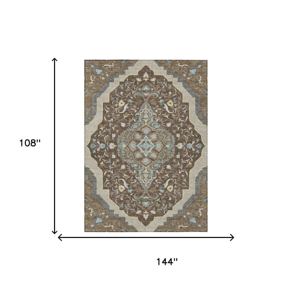 9' X 12' Brown And Beige Medallion Washable Indoor Outdoor Area Rug Homeroots Outdoor