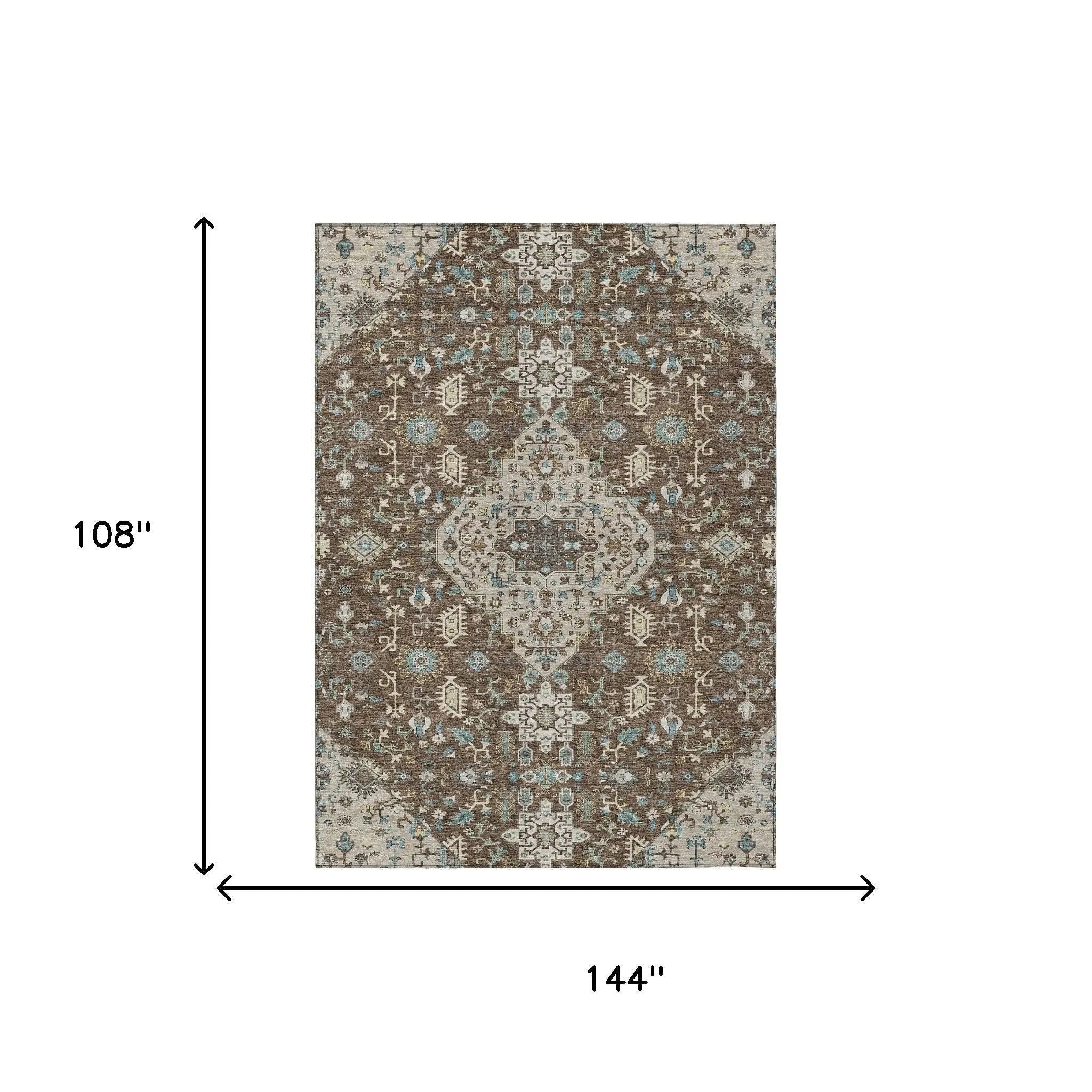 9' X 12' Brown And Beige Medallion Washable Indoor Outdoor Area Rug Homeroots Outdoor
