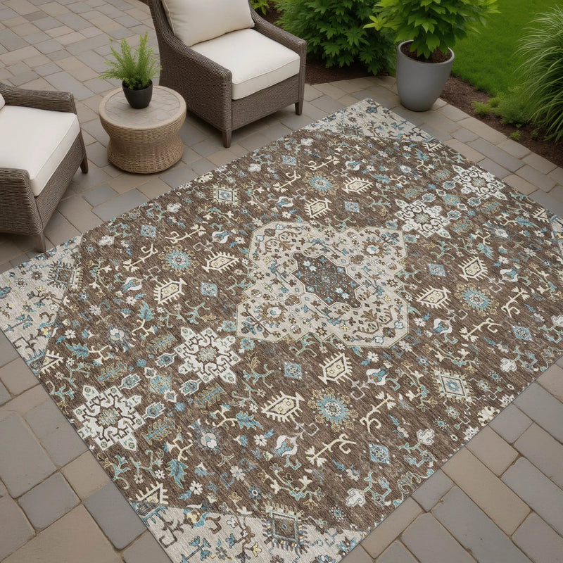 9' X 12' Brown And Beige Medallion Washable Indoor Outdoor Area Rug Homeroots Outdoor