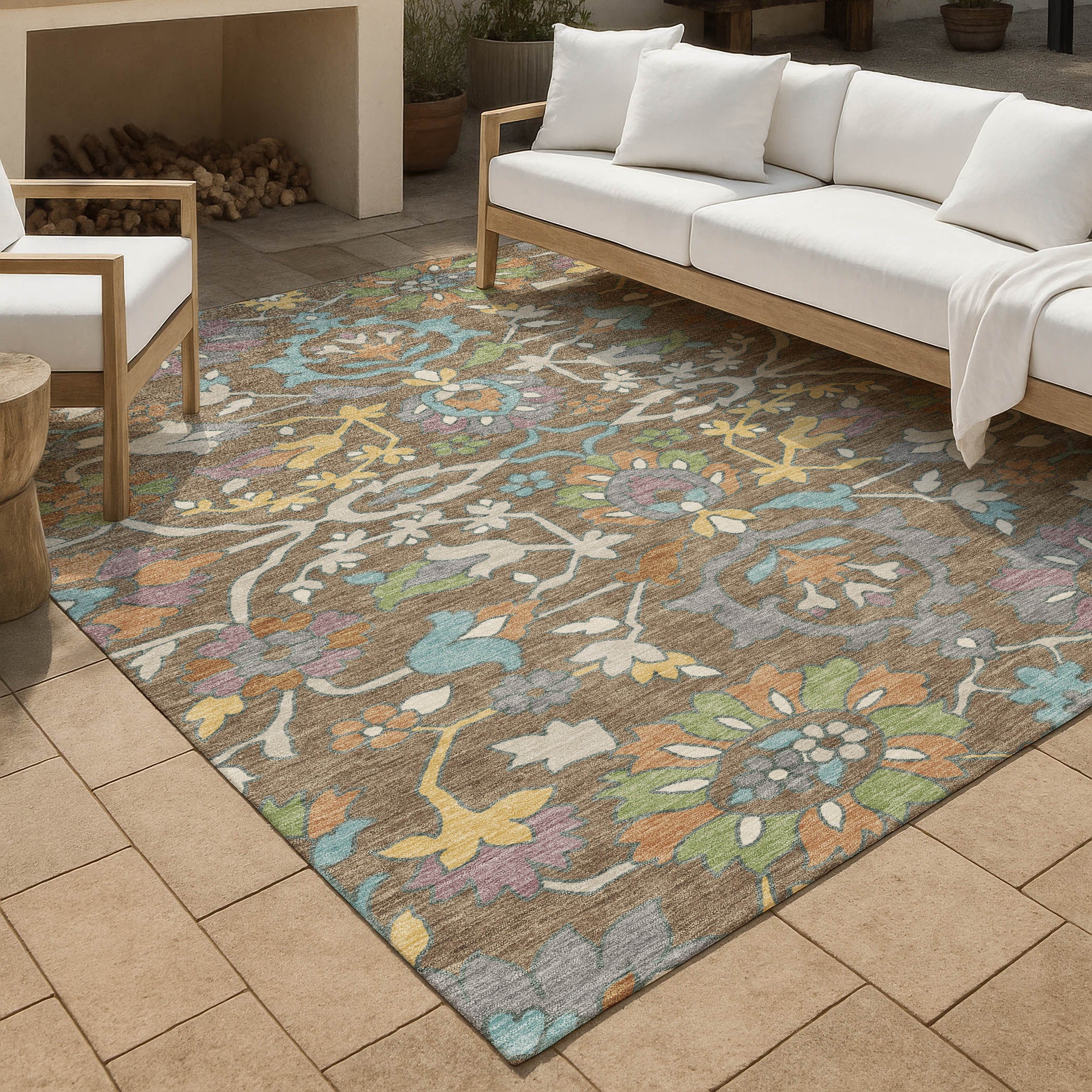 9' X 12' Brown And Copper Floral Washable Indoor Outdoor Area Rug Homeroots Outdoor