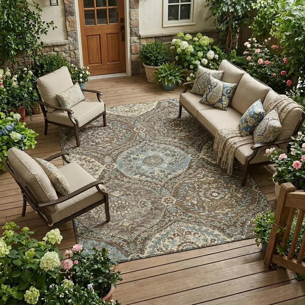 9' X 12' Brown And Graphite Ogee Washable Indoor Outdoor Area Rug Homeroots Outdoor