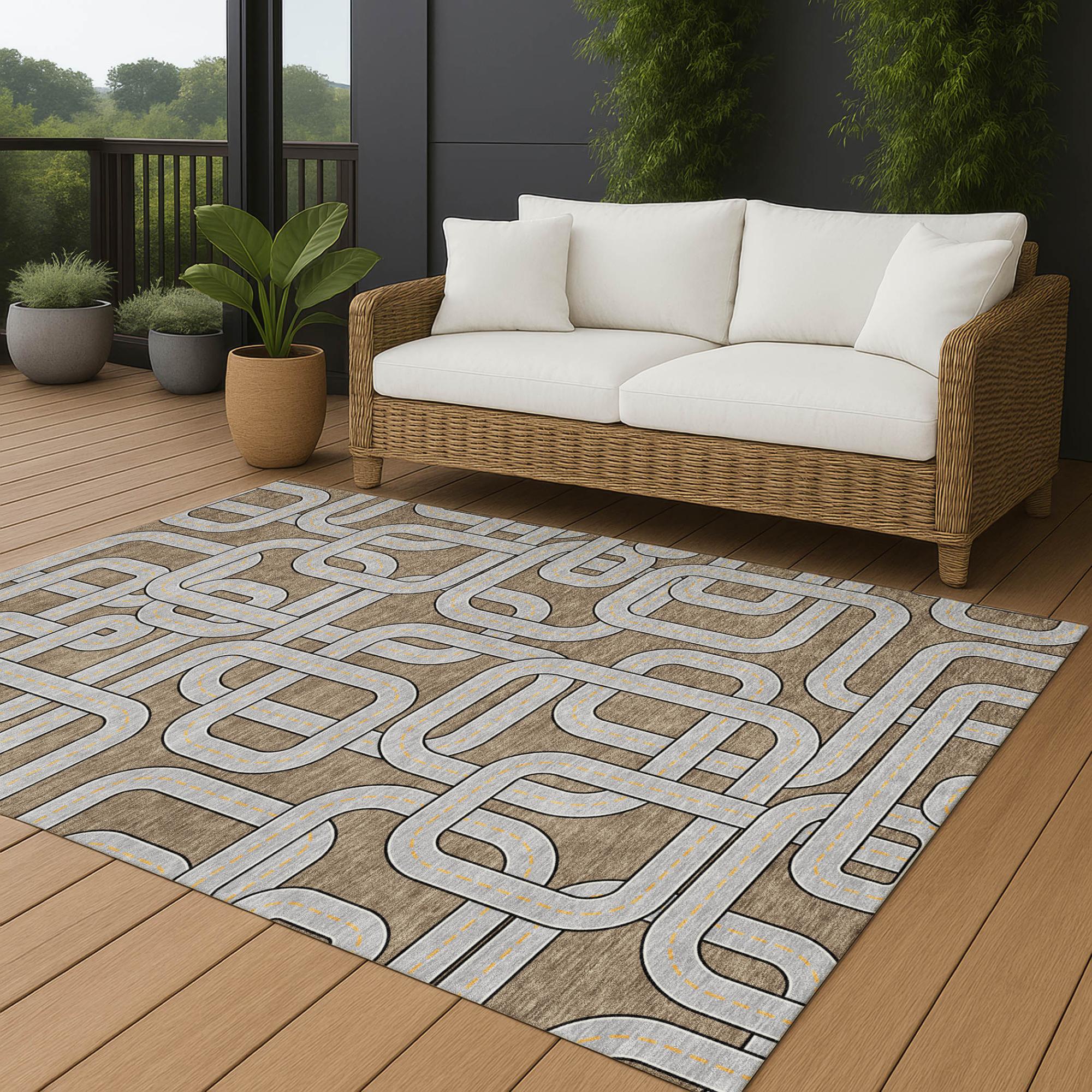 9' X 12' Brown And Gray Geometric Washable Indoor Outdoor Area Rug Homeroots Outdoor