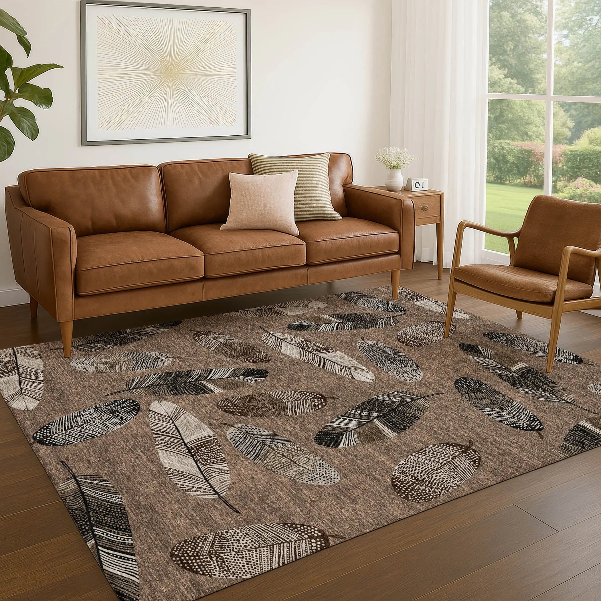 9' X 12' Brown And Ivory Botanical Leaves Washable Indoor Outdoor Area Rug Homeroots Outdoor