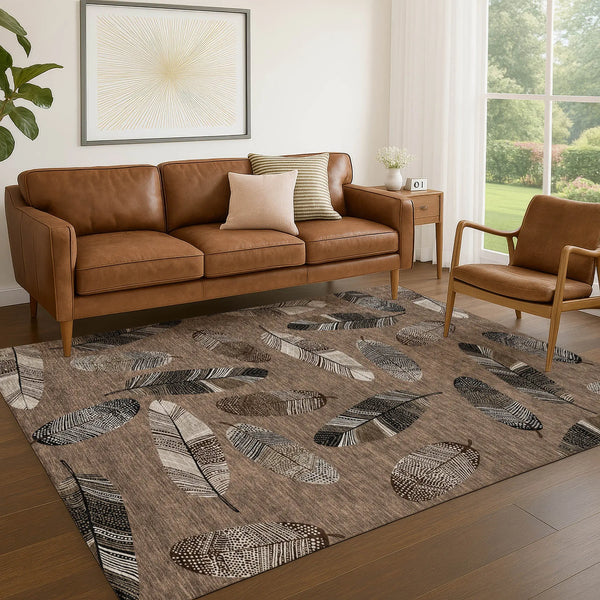 9' X 12' Brown And Ivory Botanical Leaves Washable Indoor Outdoor Area Rug Homeroots Outdoor