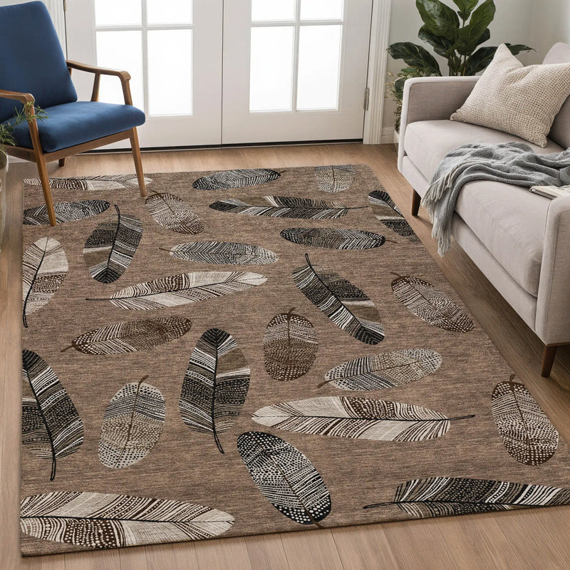 9' X 12' Brown And Ivory Botanical Leaves Washable Indoor Outdoor Area Rug Homeroots Outdoor