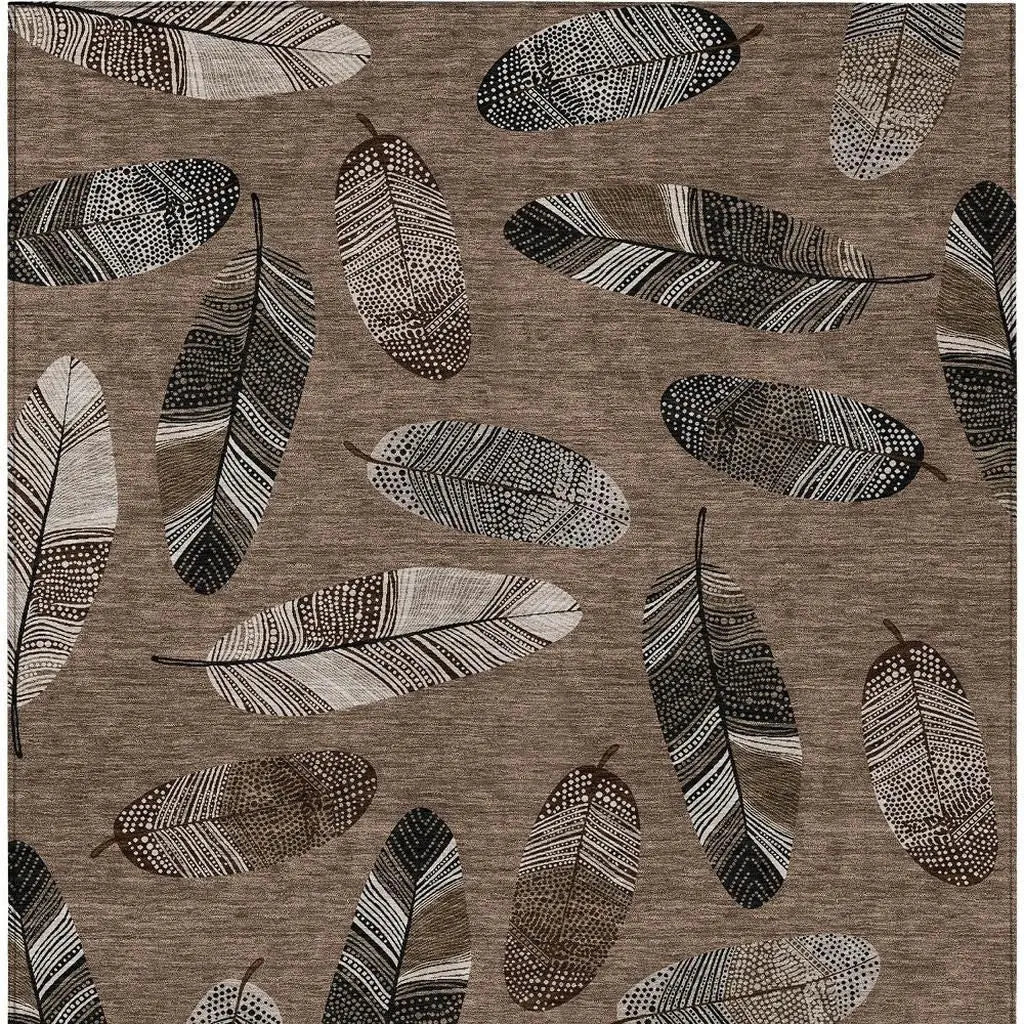 9' X 12' Brown And Ivory Botanical Leaves Washable Indoor Outdoor Area Rug Homeroots Outdoor