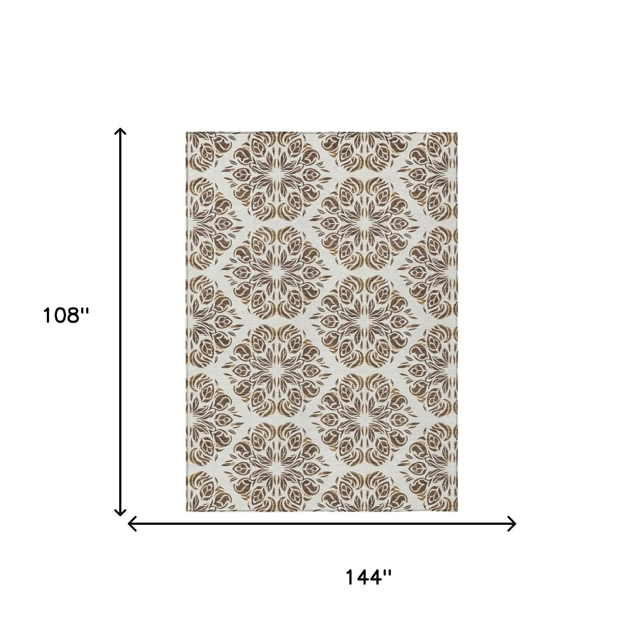 9' X 12' Brown And Ivory Damask Washable Indoor Outdoor Area Rug Homeroots Outdoor