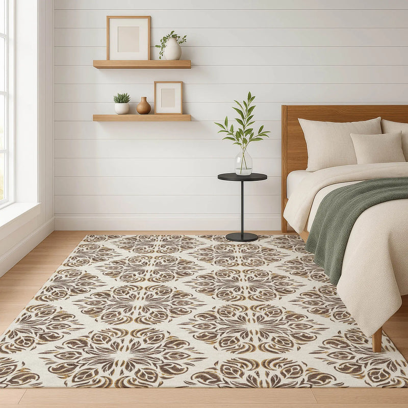 9' X 12' Brown And Ivory Damask Washable Indoor Outdoor Area Rug Homeroots Outdoor