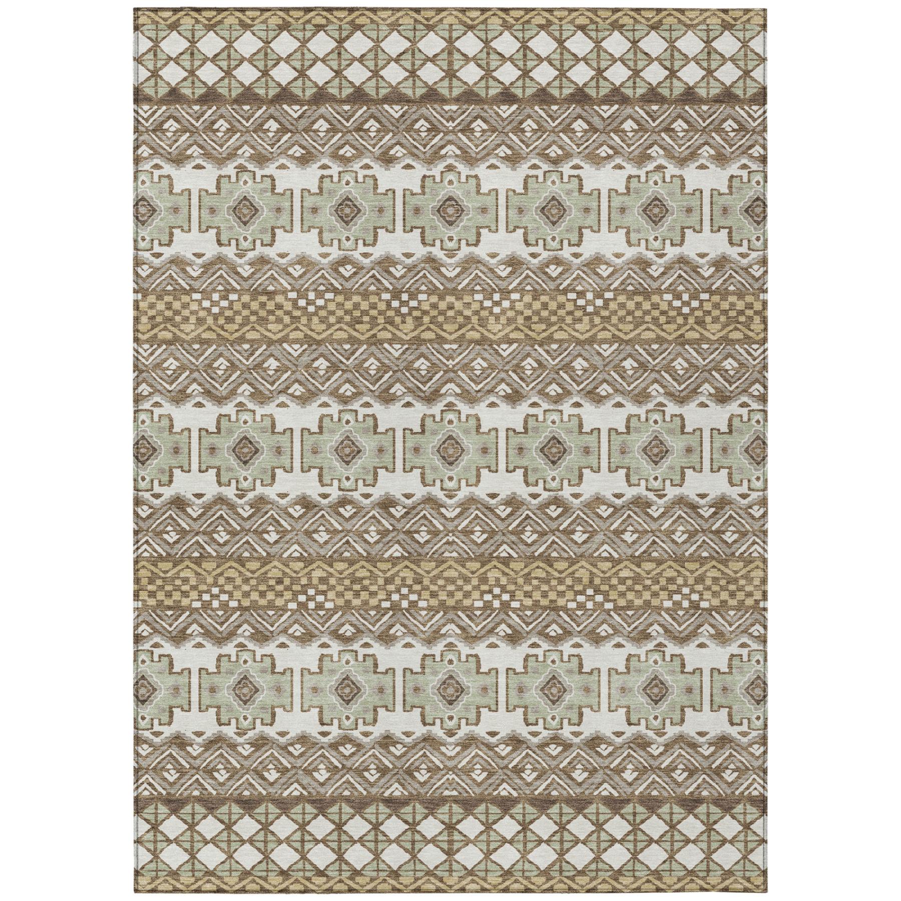 Beige and brown geometric pattern area rug, featuring intricate designs in soft green accents, perfect for modern decor.