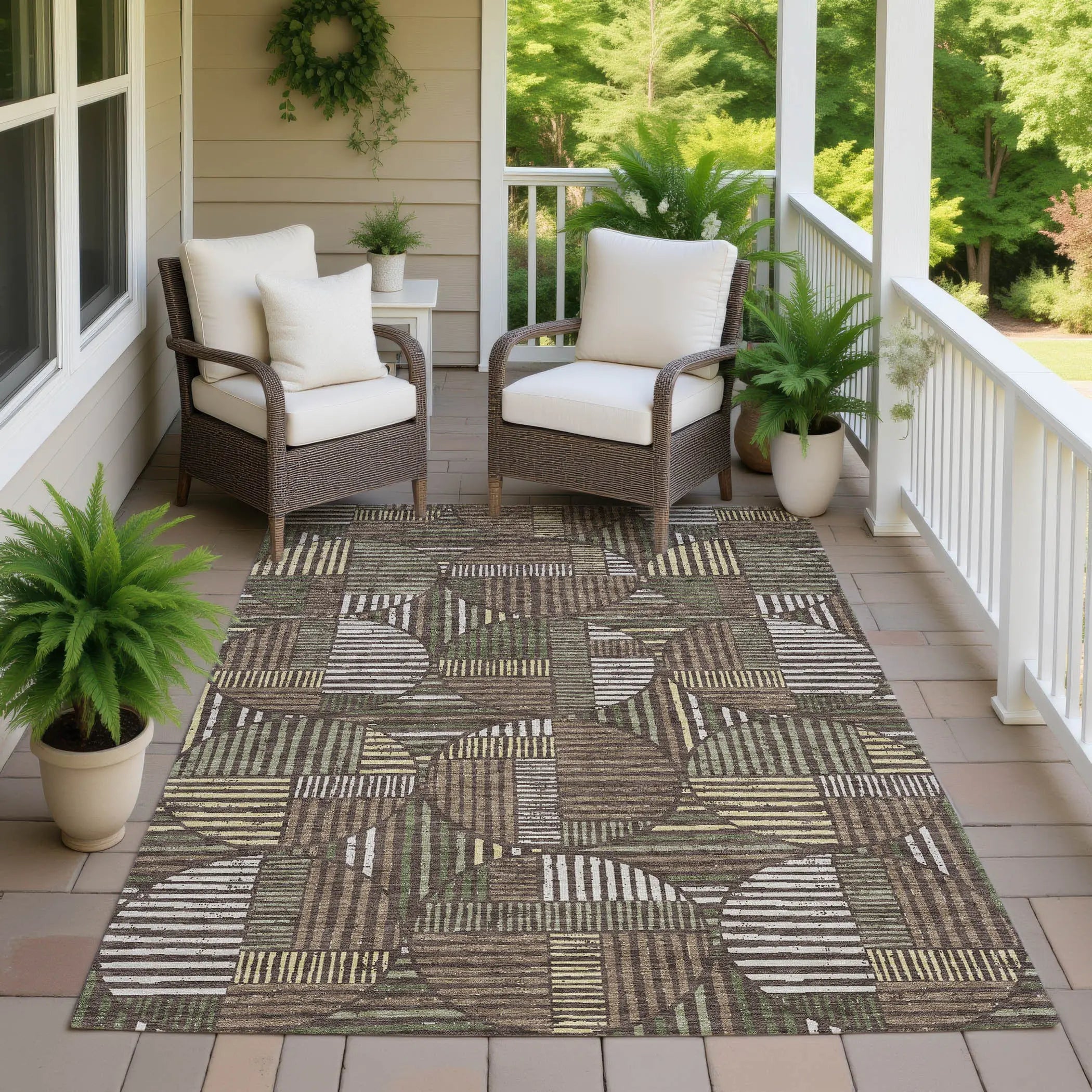 9' X 12' Brown And Linen Geometric Washable Indoor Outdoor Area Rug Homeroots Outdoor