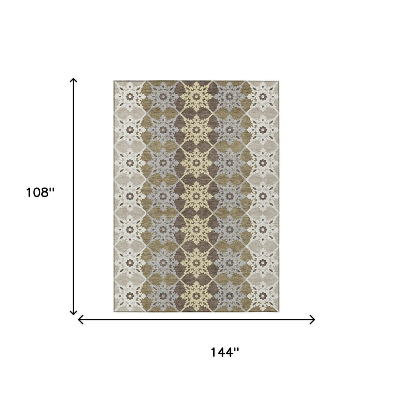 9' X 12' Brown And Pewter Floral Medallion Washable Indoor Outdoor Area Rug Homeroots Outdoor