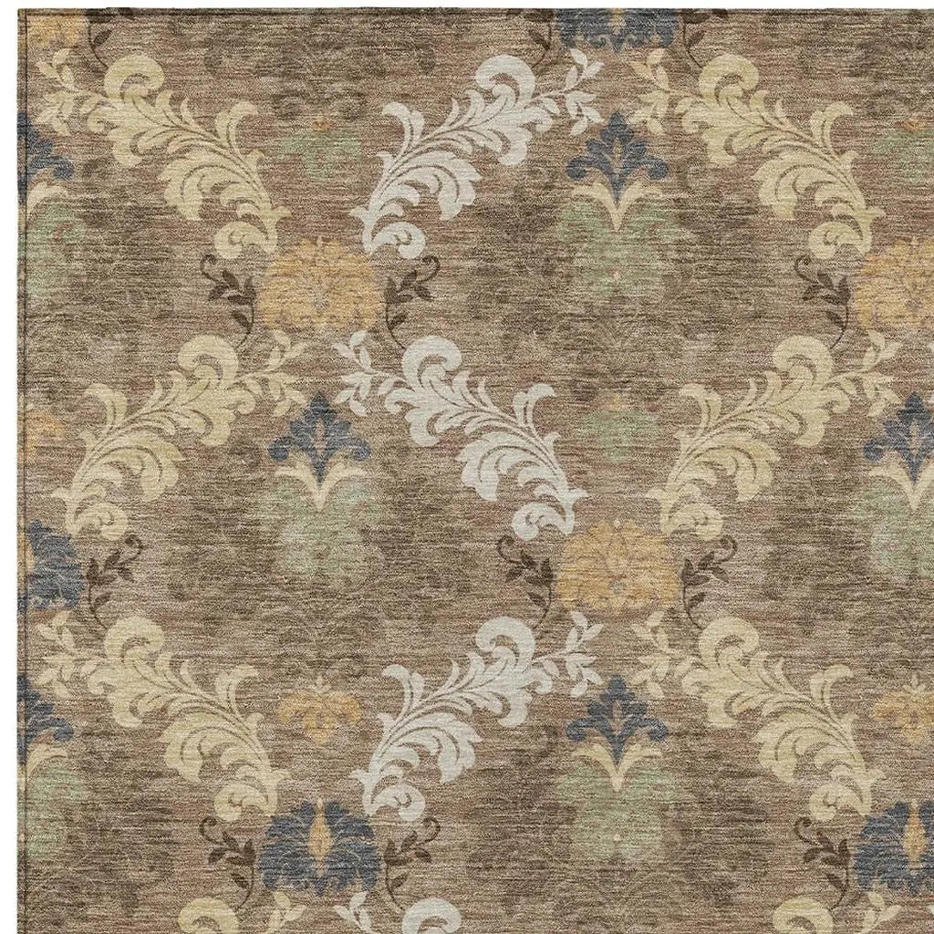 9' X 12' Brown And Taupe Damask Washable Indoor Outdoor Area Rug Homeroots Outdoor