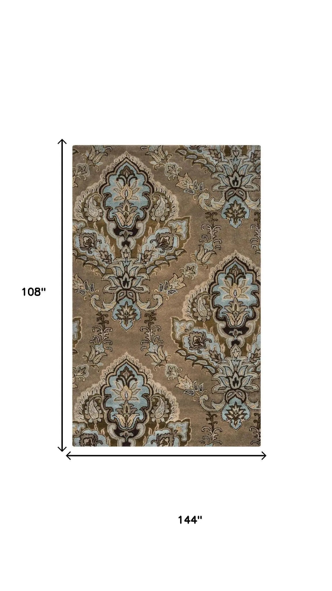 9' X 12' Brown Dark Brown Blue Khaki And Tan Wool Damask Hand Tufted Area Rug Homeroots Home Decor