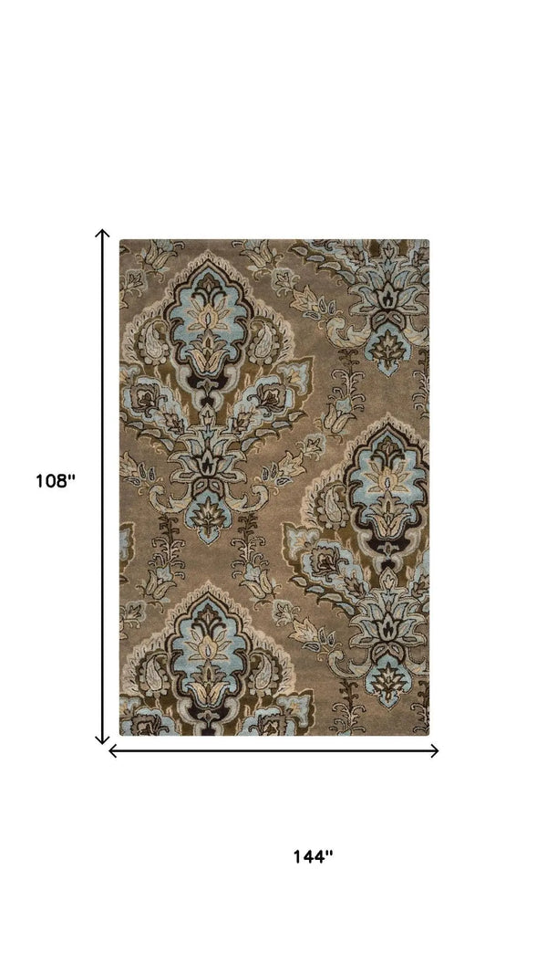 9' X 12' Brown Dark Brown Blue Khaki And Tan Wool Damask Hand Tufted Area Rug Homeroots Home Decor