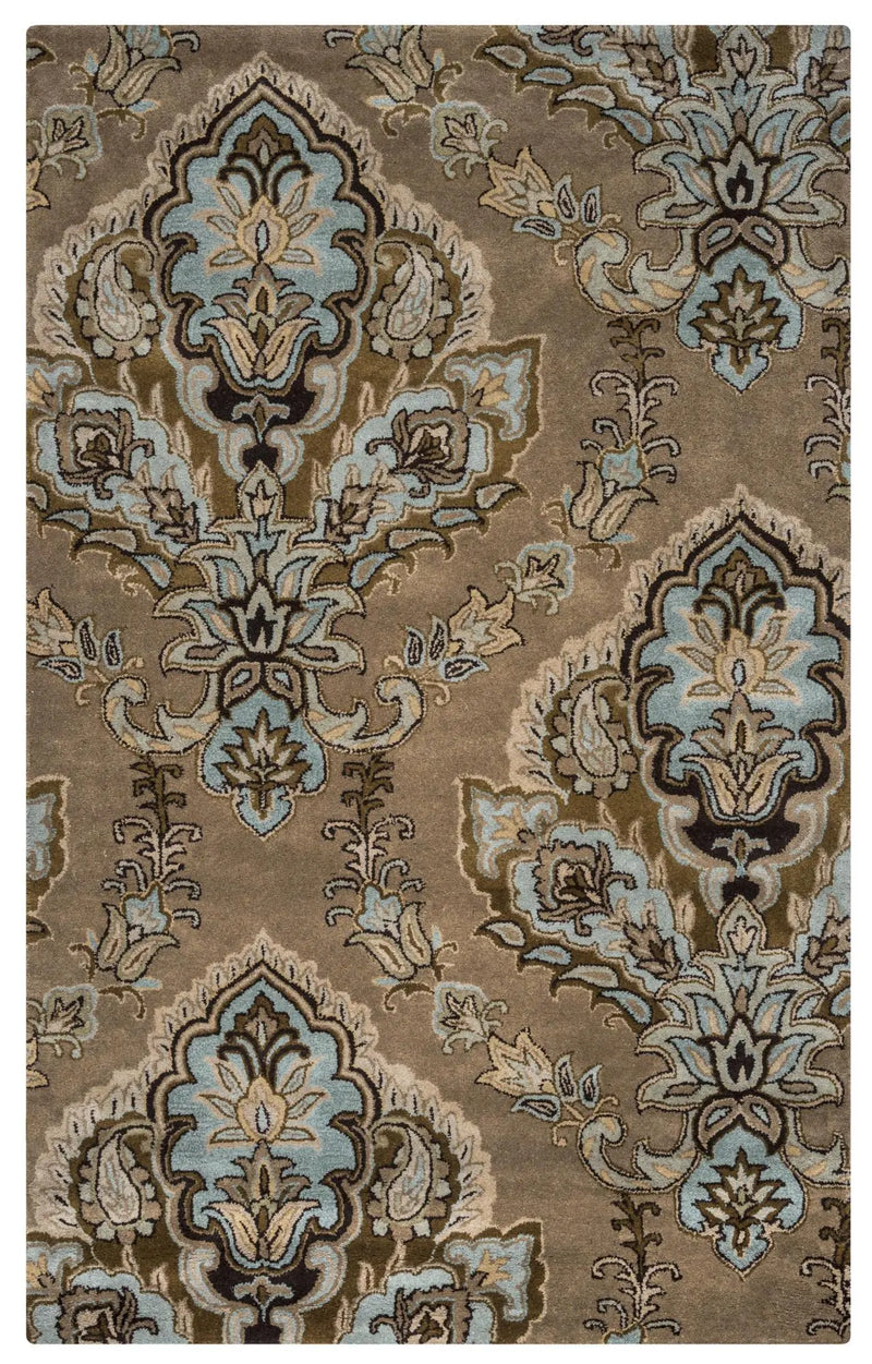 9' X 12' Brown Dark Brown Blue Khaki And Tan Wool Damask Hand Tufted Area Rug Homeroots Home Decor