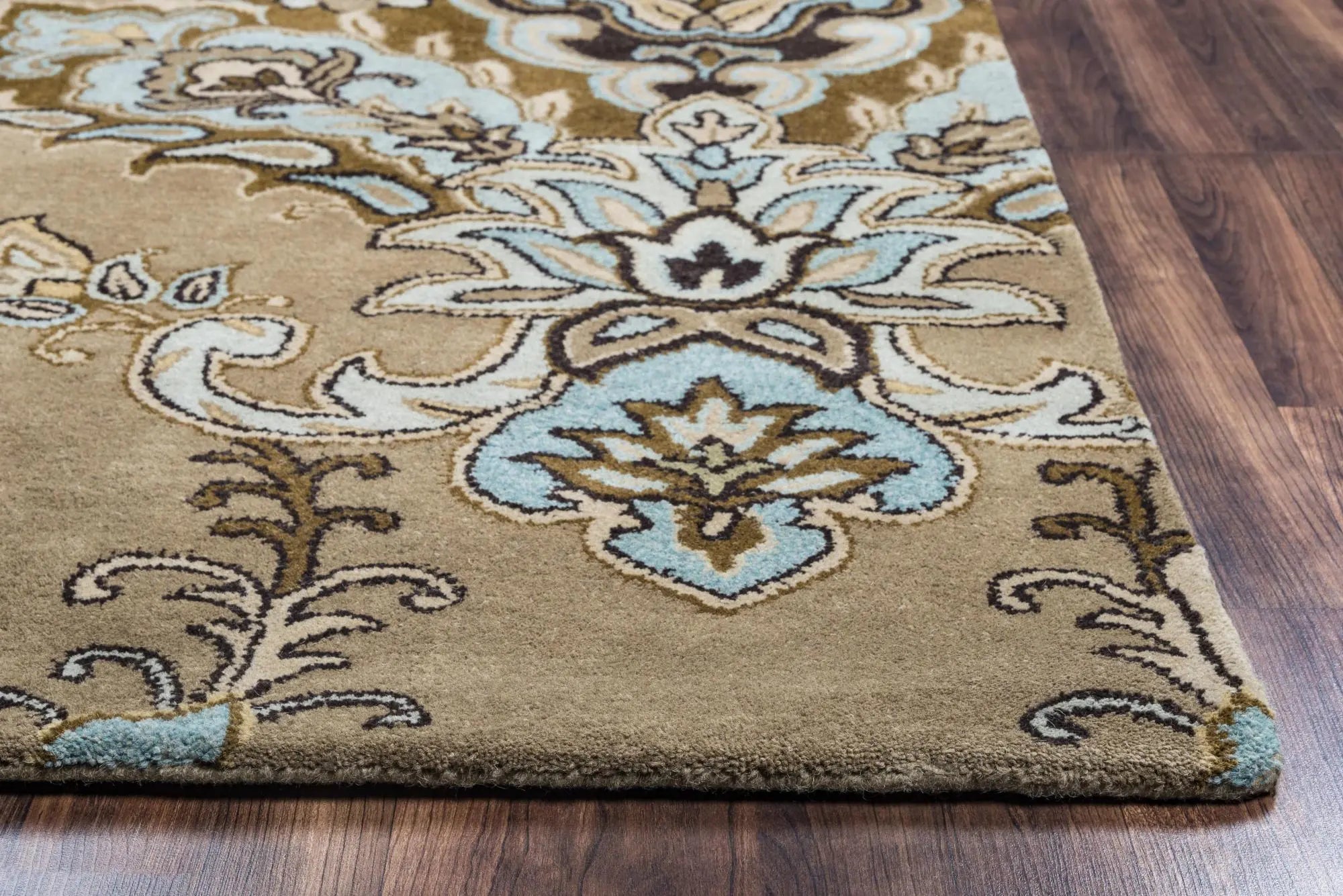 9' X 12' Brown Dark Brown Blue Khaki And Tan Wool Damask Hand Tufted Area Rug Homeroots Home Decor