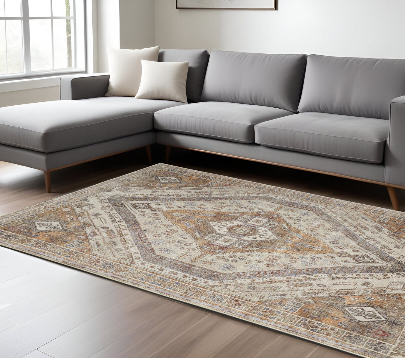 9' X 12' Brown Ivory And Orange Medallion Area Rug Homeroots Home Decor