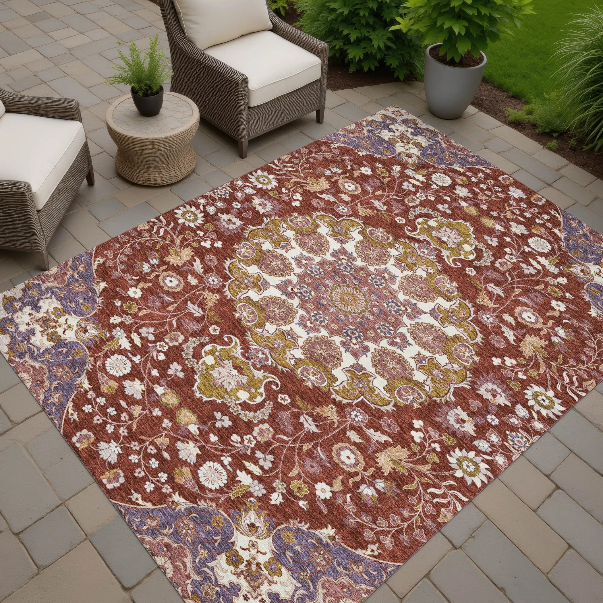 9' X 12' Burgundy And Red Damask Washable Indoor Outdoor Area Rug Homeroots Outdoor