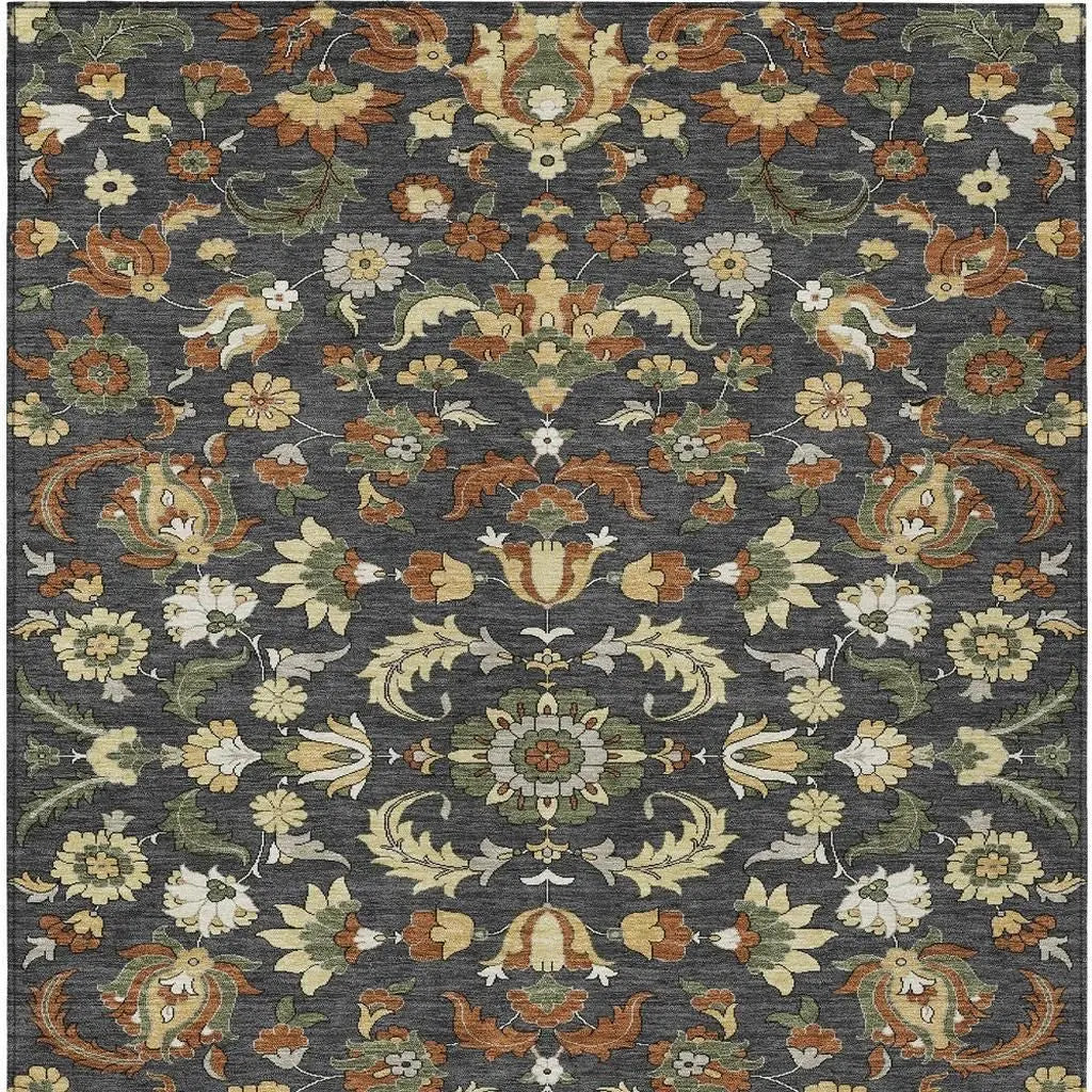 9' X 12' Charcoal And Black Floral Medallion Washable Indoor Outdoor Area Rug Homeroots Outdoor
