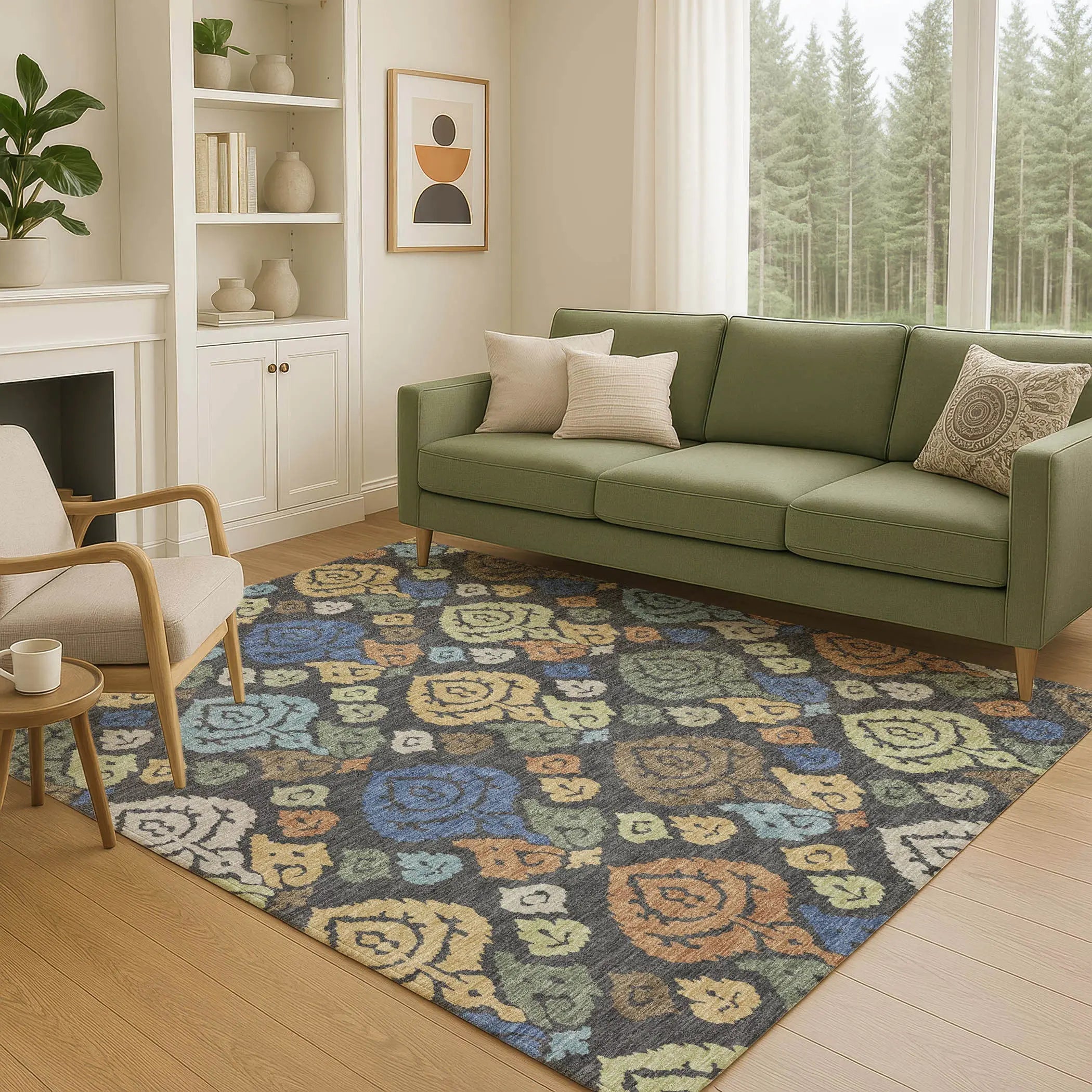 9' X 12' Charcoal And Green Damask Washable Indoor Outdoor Area Rug Homeroots Outdoor