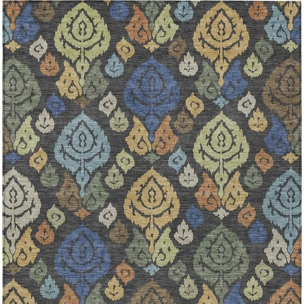 9' X 12' Charcoal And Green Damask Washable Indoor Outdoor Area Rug Homeroots Outdoor