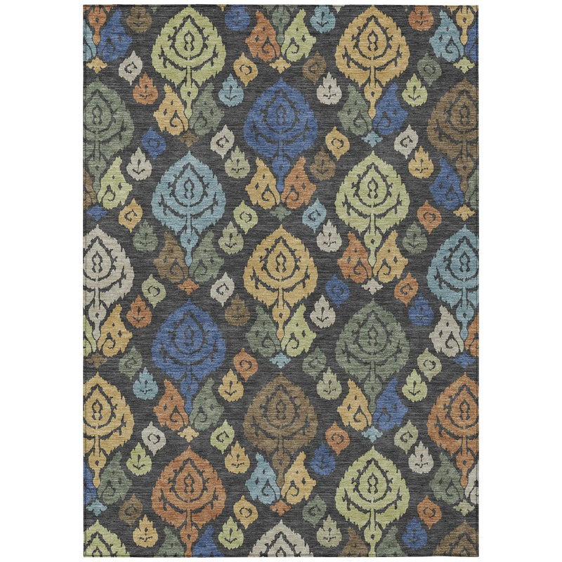 9' X 12' Charcoal And Green Damask Washable Indoor Outdoor Area Rug Homeroots Outdoor