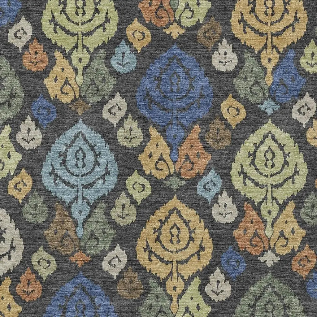 9' X 12' Charcoal And Green Damask Washable Indoor Outdoor Area Rug Homeroots Outdoor