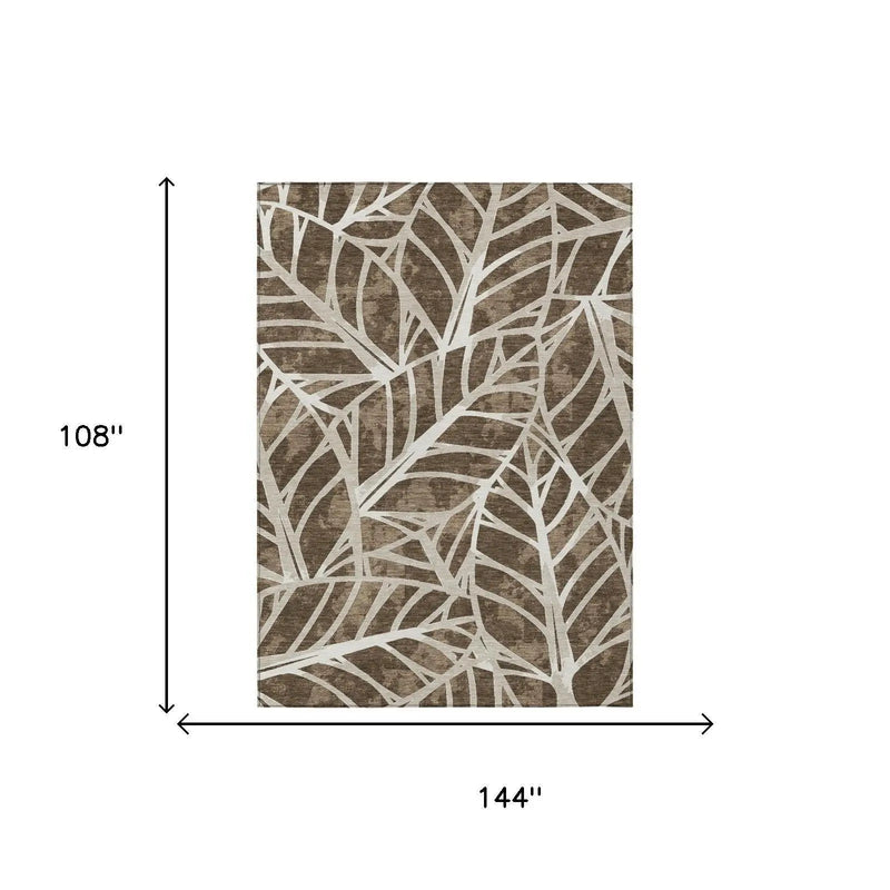 9' X 12' Chocolate And Brown Botanical Leaves Washable Indoor Outdoor Area Rug Homeroots Outdoor