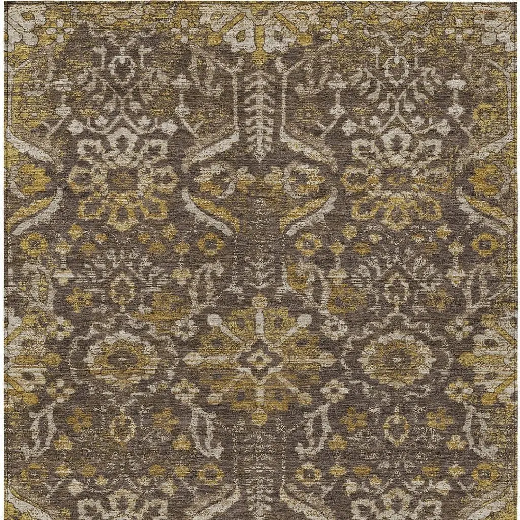 9' X 12' Chocolate And Brown Damask Washable Indoor Outdoor Area Rug Homeroots Outdoor