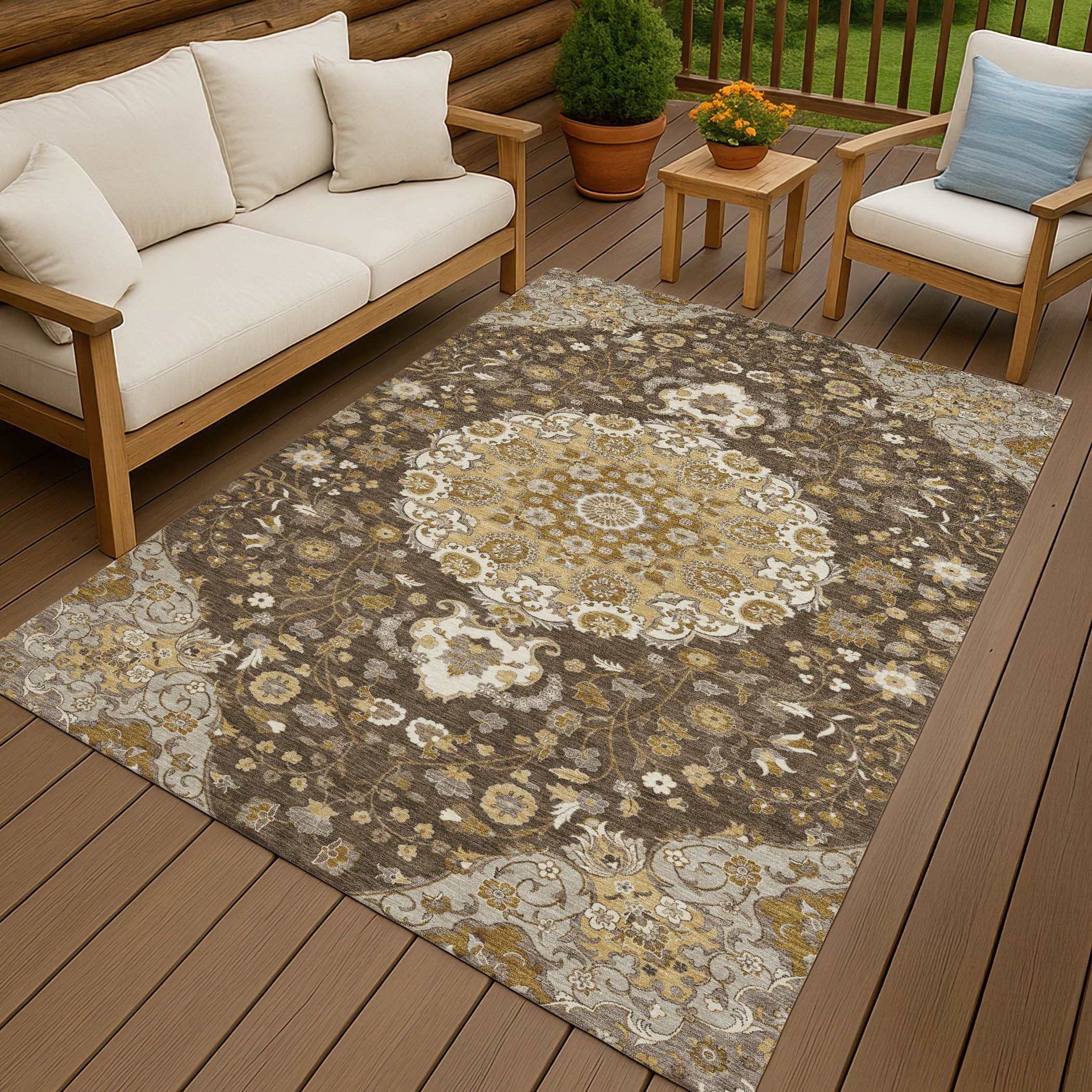9' X 12' Chocolate And Brown Damask Washable Indoor Outdoor Area Rug Homeroots Outdoor