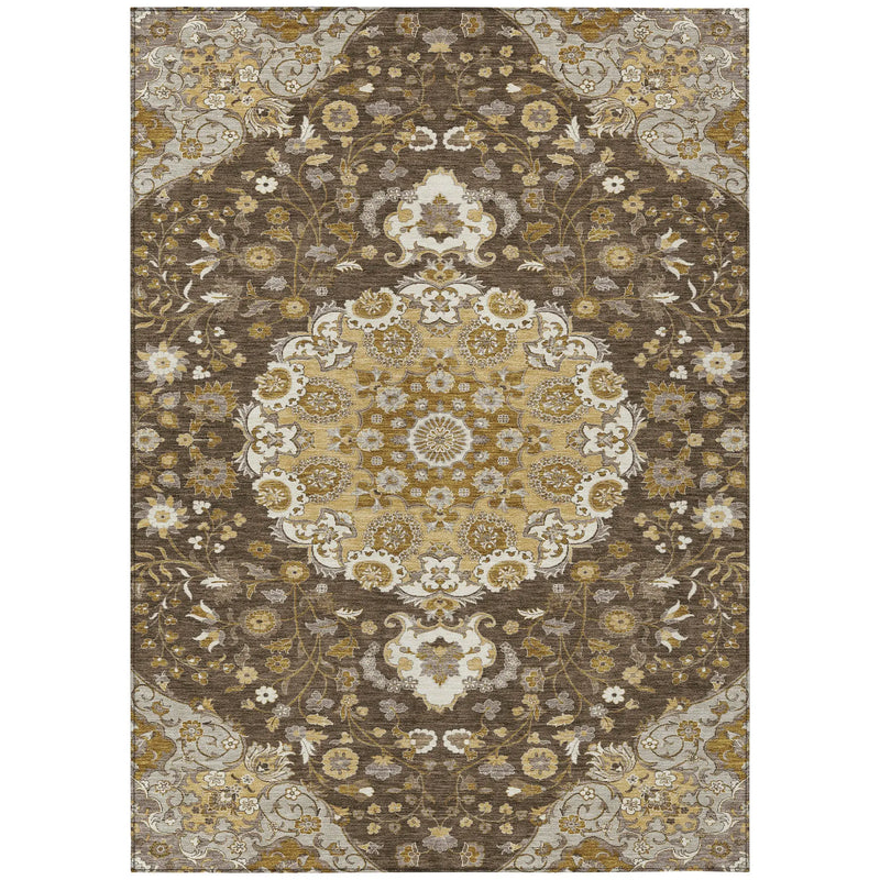 9' X 12' Chocolate And Brown Damask Washable Indoor Outdoor Area Rug Homeroots Outdoor