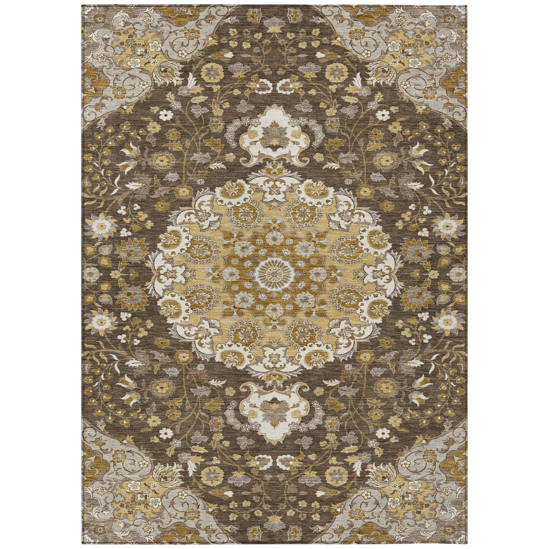 9' X 12' Chocolate And Brown Damask Washable Indoor Outdoor Area Rug Homeroots Outdoor