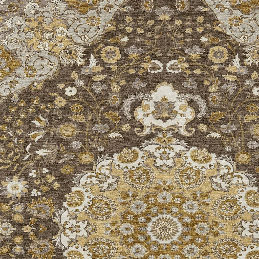 9' X 12' Chocolate And Brown Damask Washable Indoor Outdoor Area Rug Homeroots Outdoor