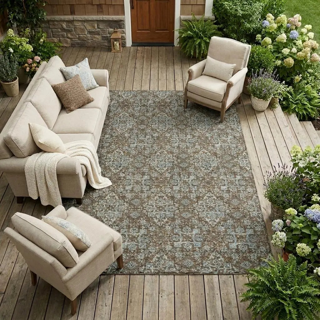 9' X 12' Chocolate And Brown Damask Washable Indoor Outdoor Area Rug Homeroots Outdoor