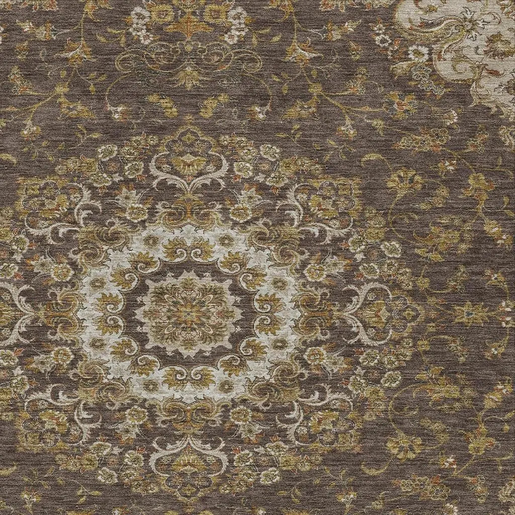 9' X 12' Chocolate And Brown Floral Medallion Washable Indoor Outdoor Area Rug Homeroots Outdoor