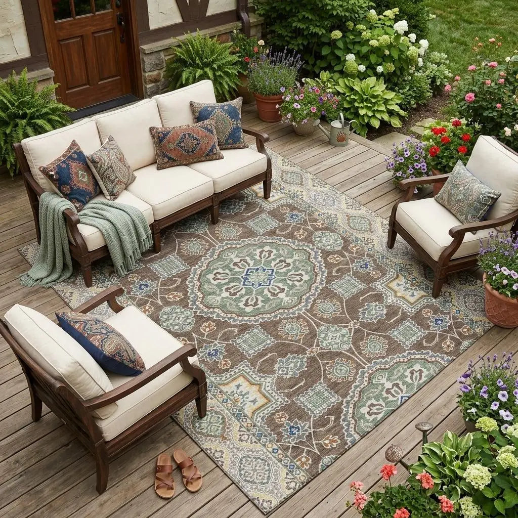 9' X 12' Chocolate And Brown Floral Medallion Washable Indoor Outdoor Area Rug Homeroots Outdoor