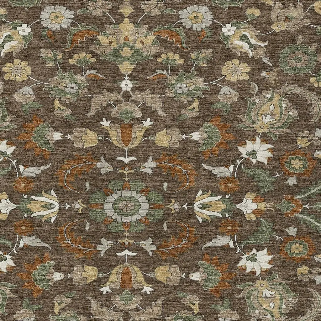 9' X 12' Chocolate And Charcoal Floral Medallion Washable Indoor Outdoor Area Rug Homeroots Outdoor