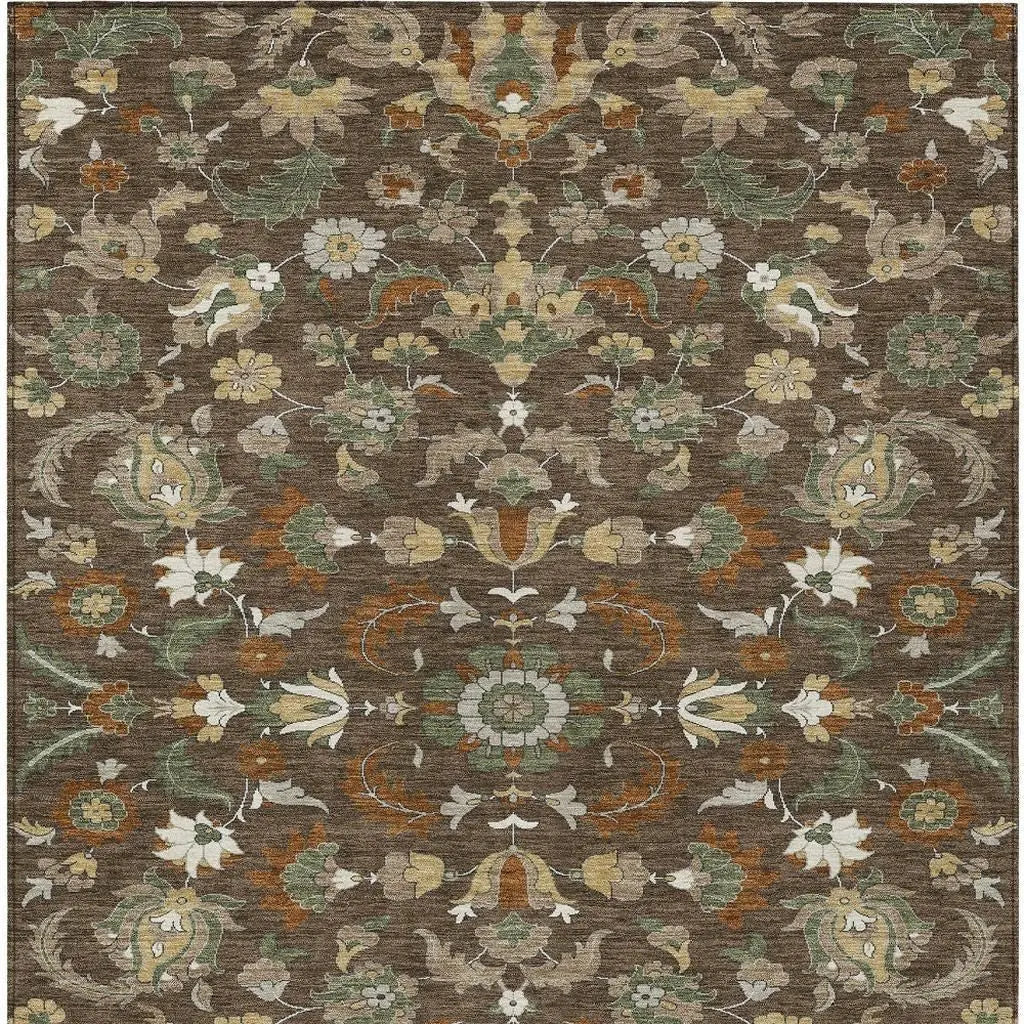 9' X 12' Chocolate And Charcoal Floral Medallion Washable Indoor Outdoor Area Rug Homeroots Outdoor