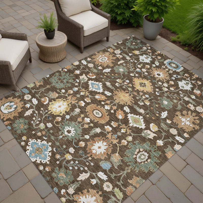 9' X 12' Chocolate And Copper Floral Medallion Washable Indoor Outdoor Area Rug Homeroots Outdoor