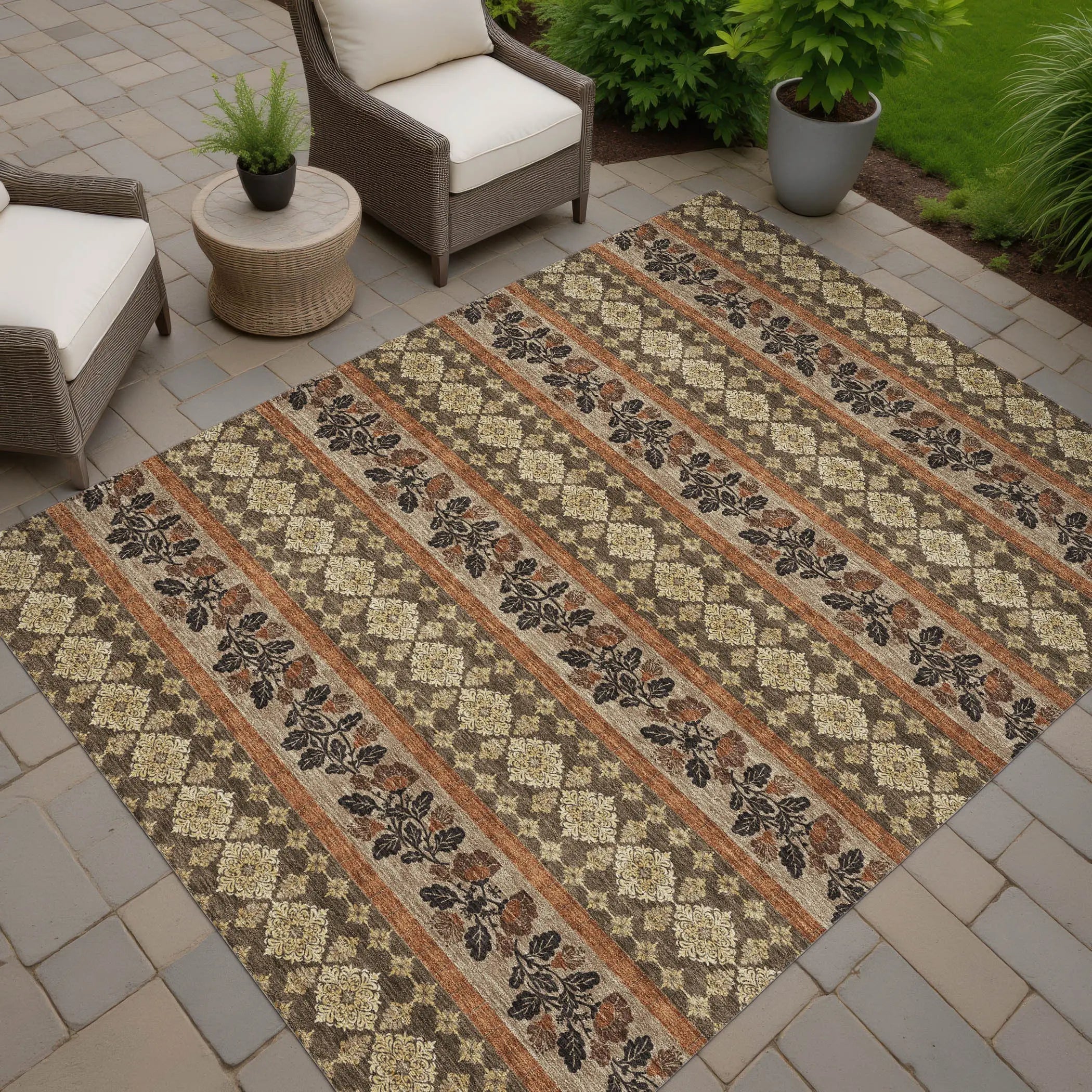 9' X 12' Chocolate And Gold Striped Washable Indoor Outdoor Area Rug Homeroots Outdoor