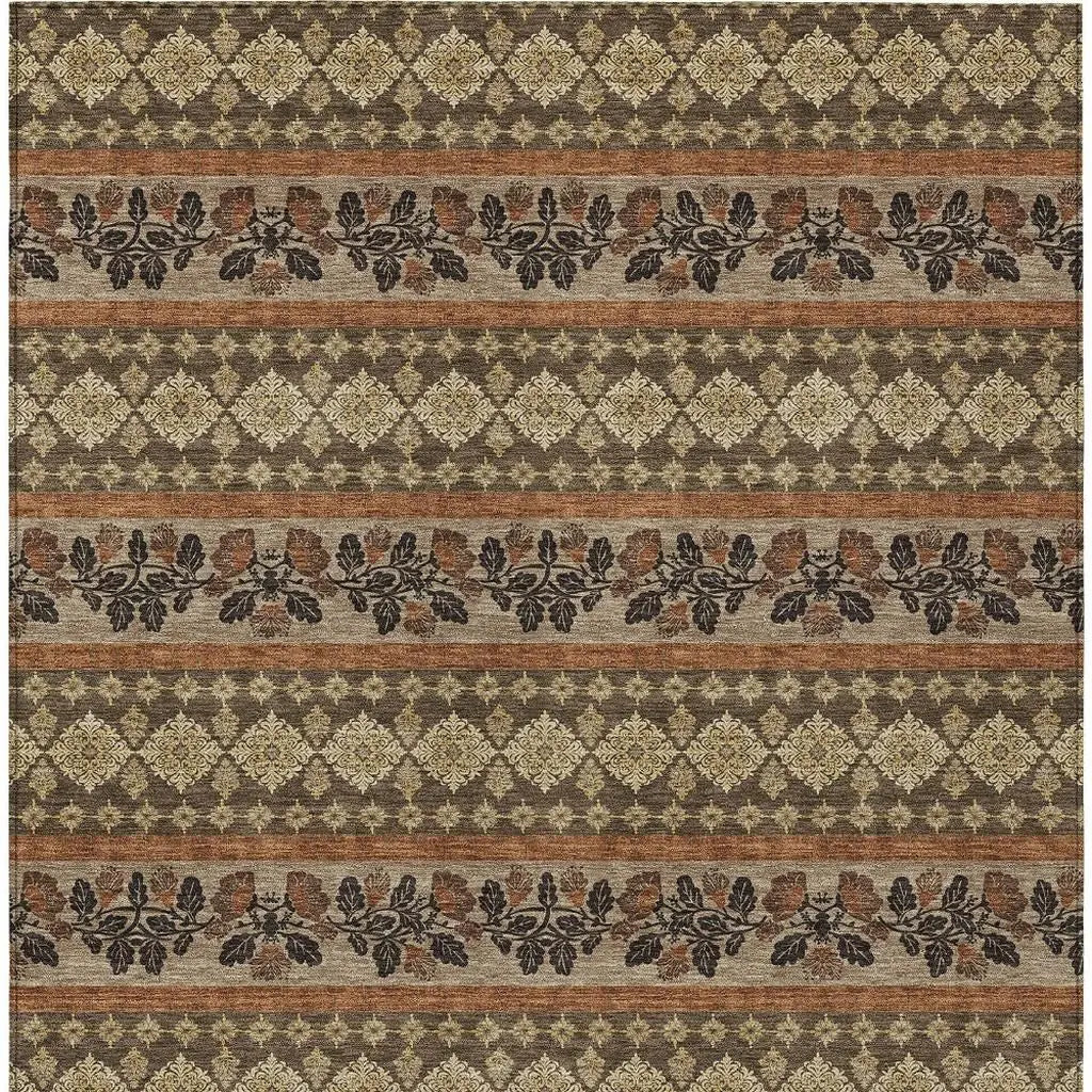 9' X 12' Chocolate And Gold Striped Washable Indoor Outdoor Area Rug Homeroots Outdoor
