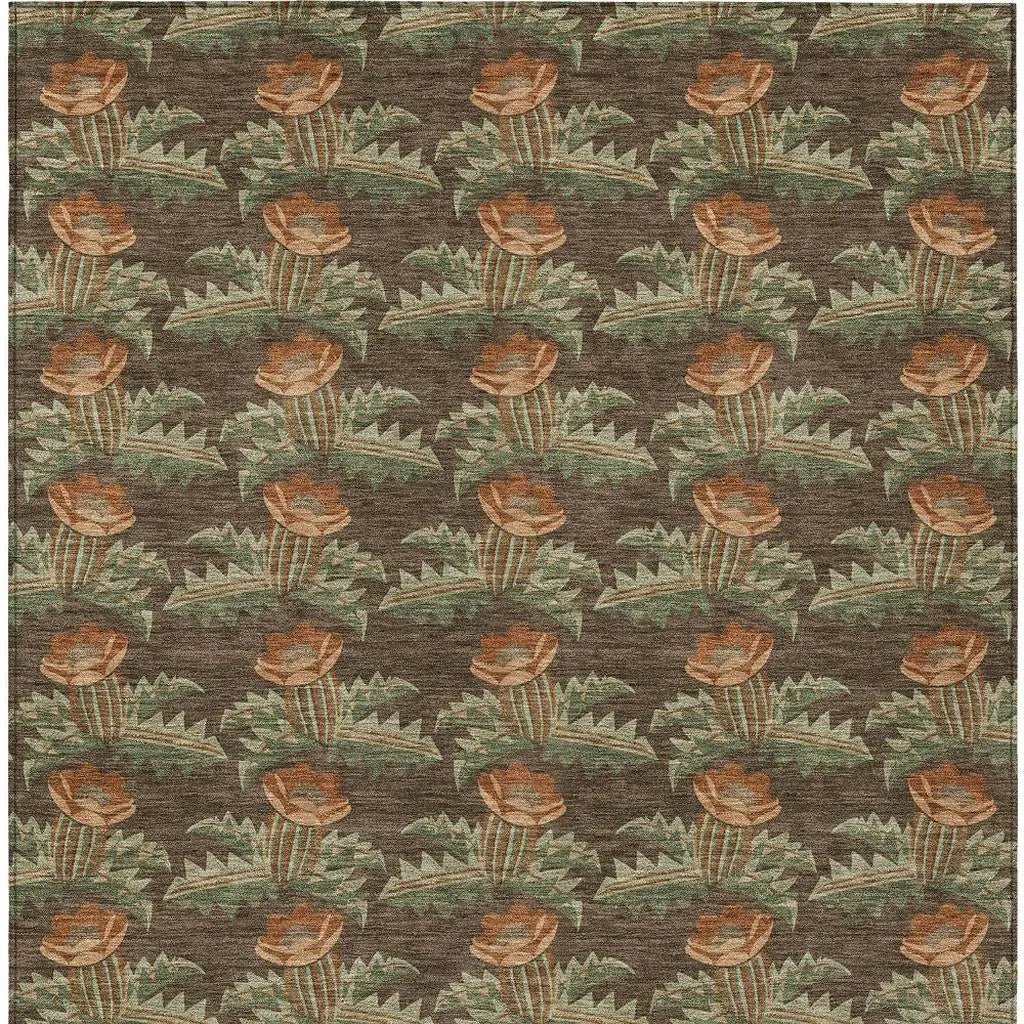 9' X 12' Chocolate And Graphite Floral Washable Indoor Outdoor Area Rug Homeroots Outdoor