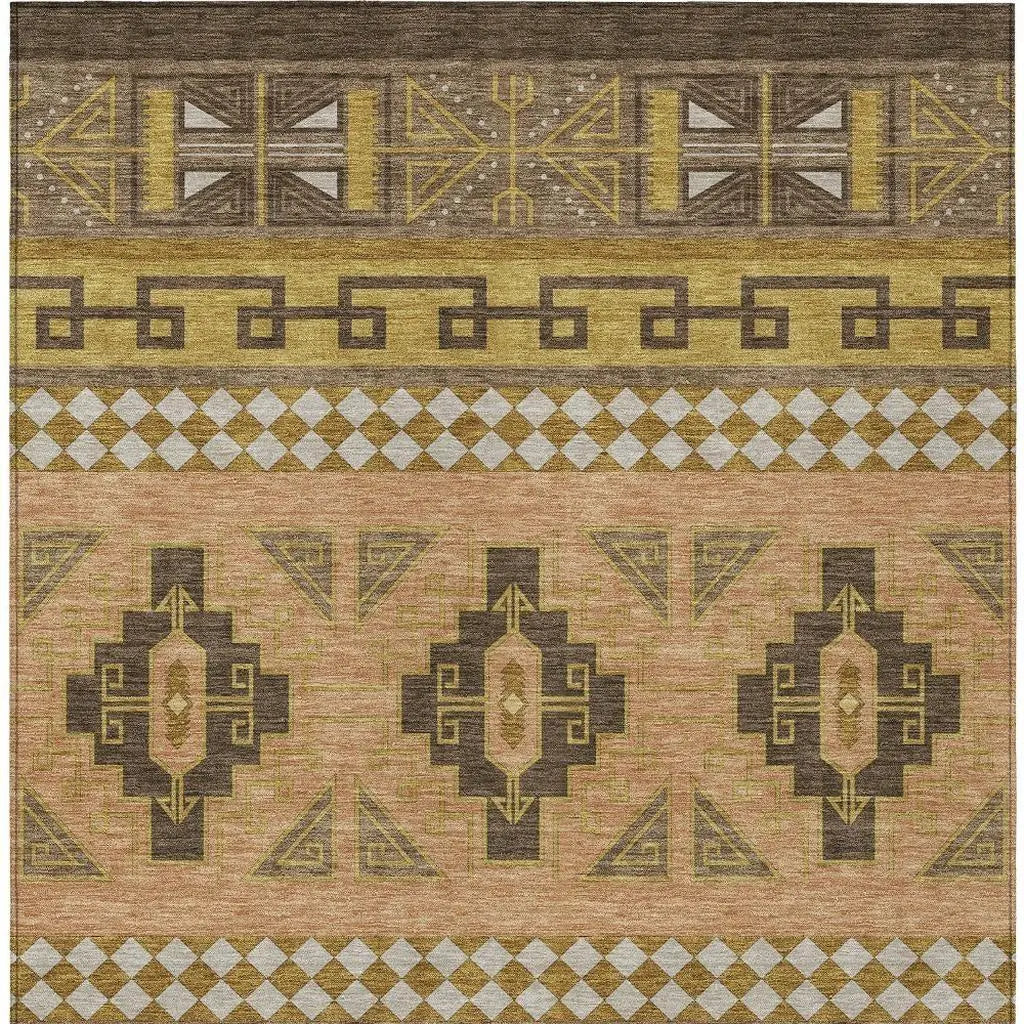 9' X 12' Chocolate And Olive Green Tribal Washable Indoor Outdoor Area Rug Homeroots Outdoor
