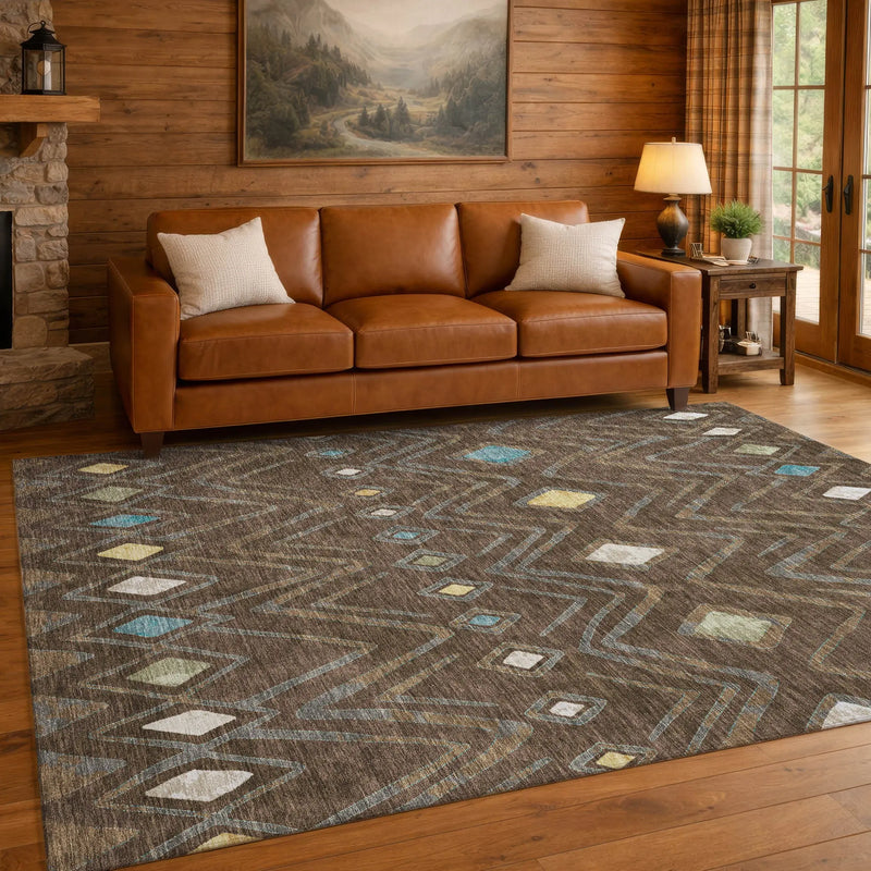 9' X 12' Chocolate And Orange Geometric Washable Indoor Outdoor Area Rug Homeroots Outdoor
