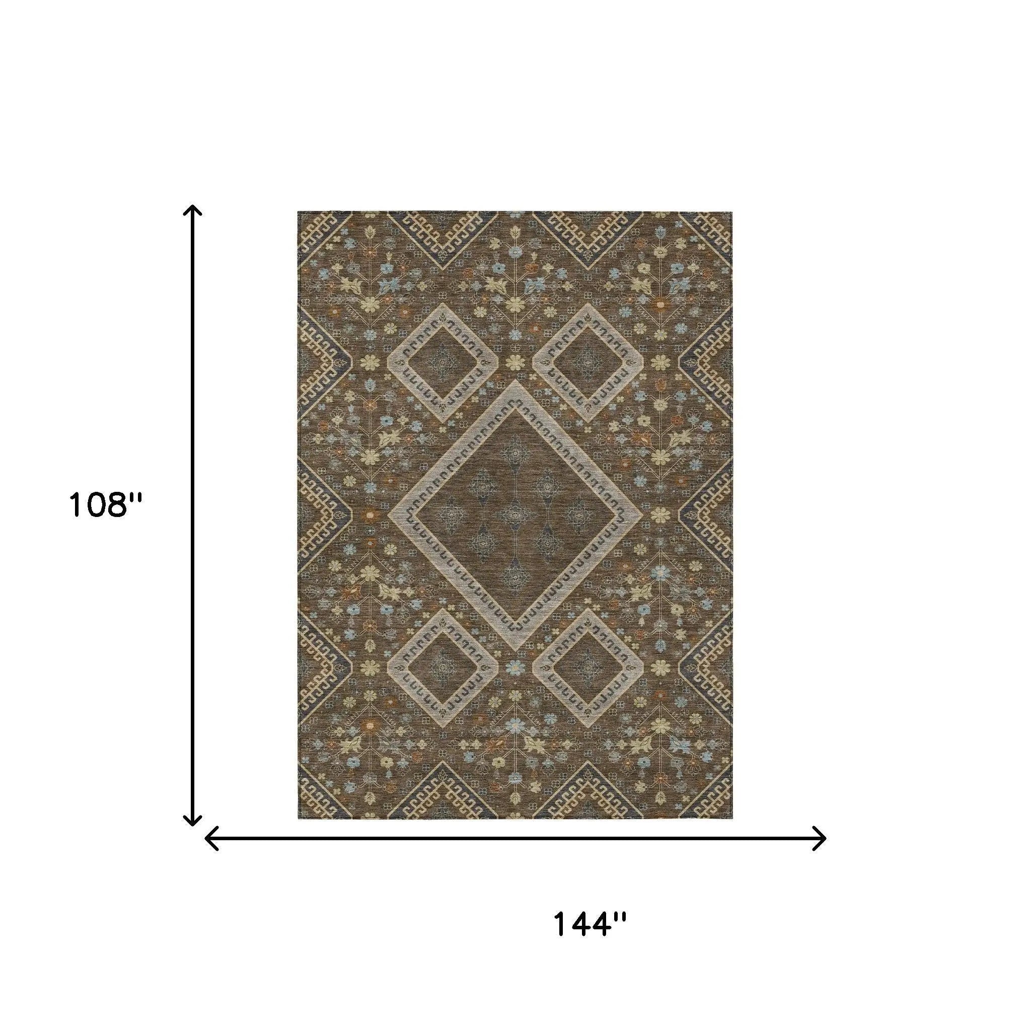 9' X 12' Chocolate And Orange Medallion Washable Indoor Outdoor Area Rug Homeroots Outdoor