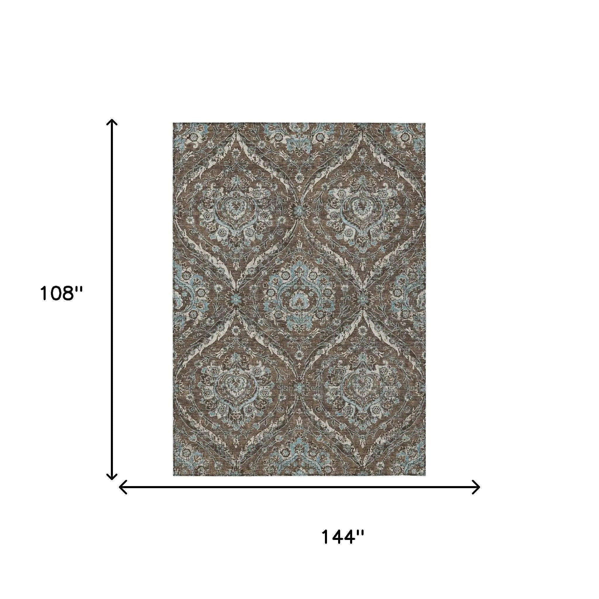 9' X 12' Chocolate And Silver Floral Washable Indoor Outdoor Area Rug Homeroots Outdoor