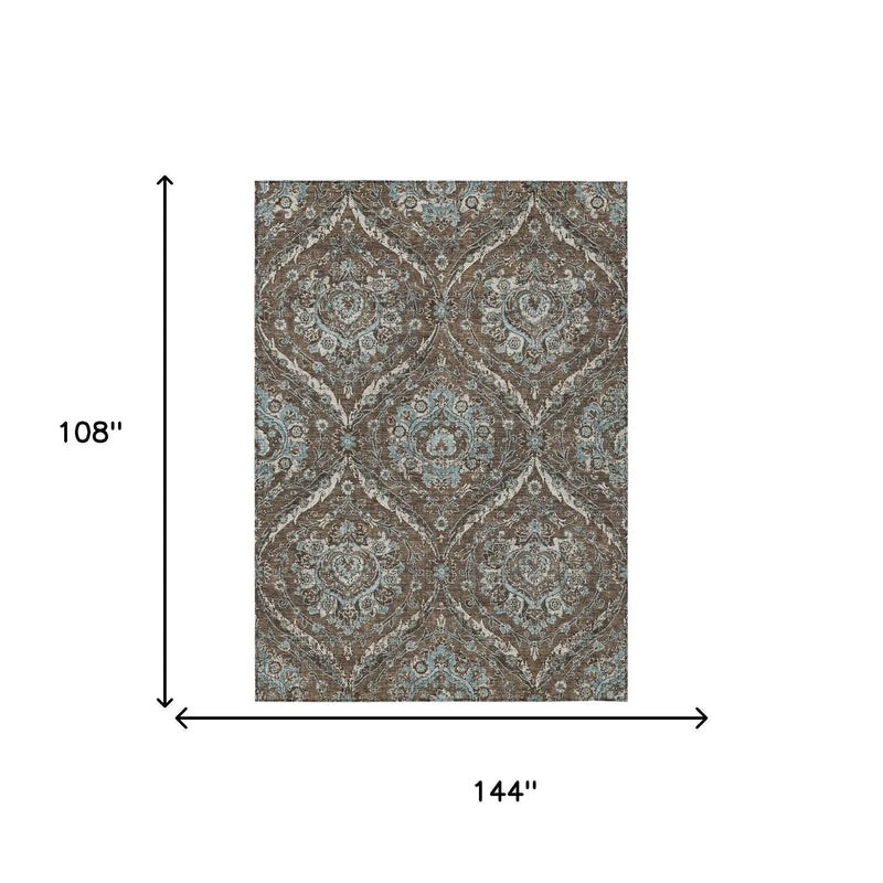 9' X 12' Chocolate And Silver Floral Washable Indoor Outdoor Area Rug Homeroots Outdoor