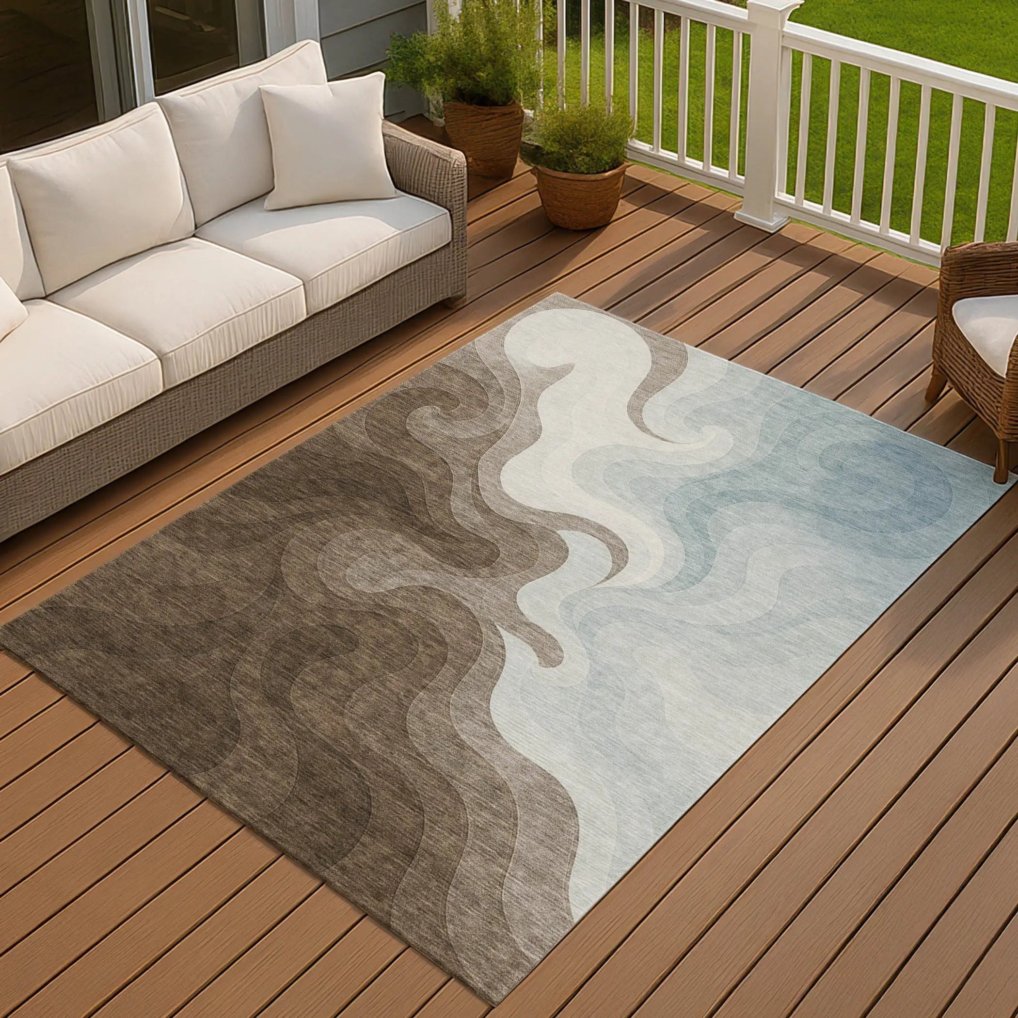 9' X 12' Chocolate And Sky Blue Abstract Washable Indoor Outdoor Area Rug Homeroots Outdoor