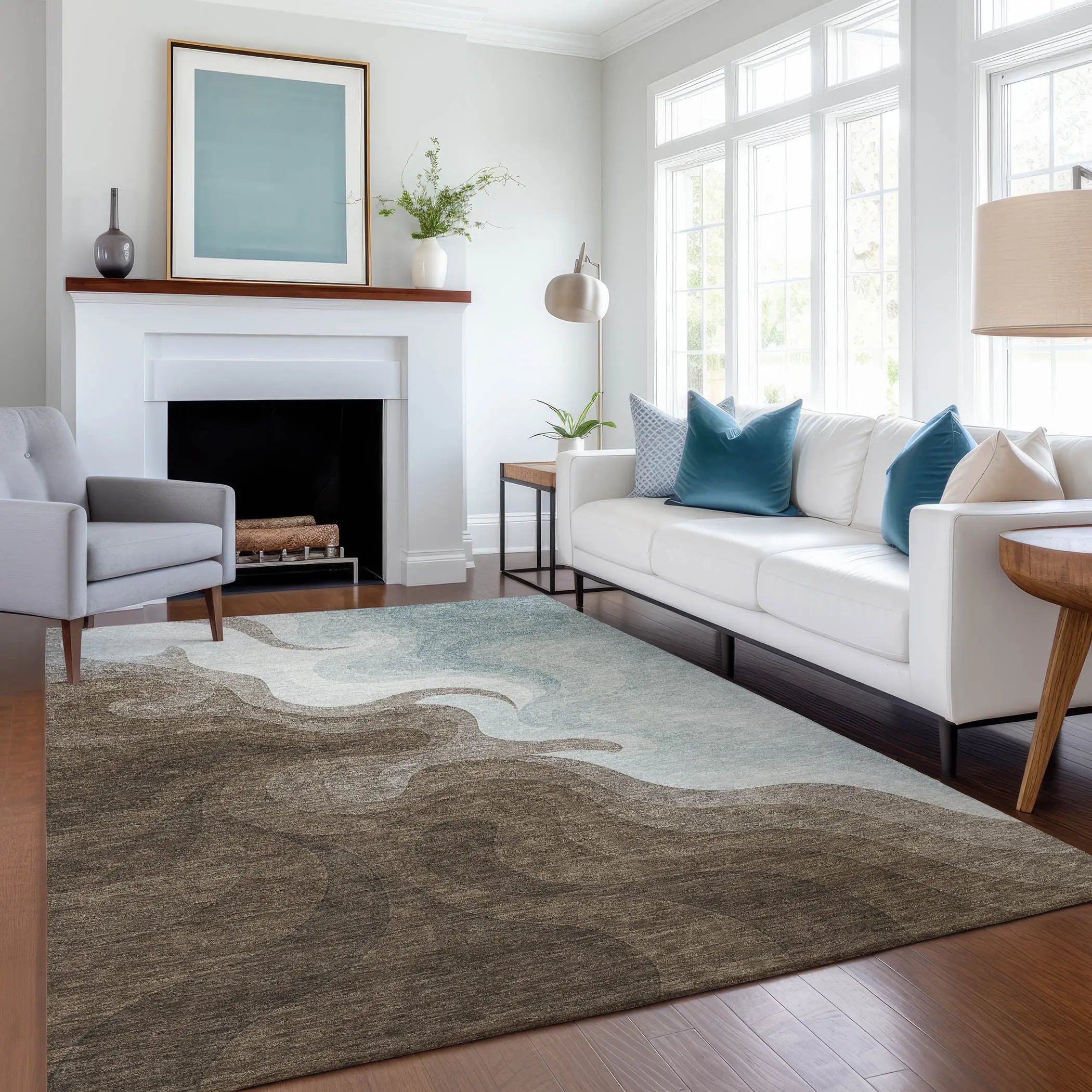 9' X 12' Chocolate And Sky Blue Abstract Washable Indoor Outdoor Area Rug Homeroots Outdoor