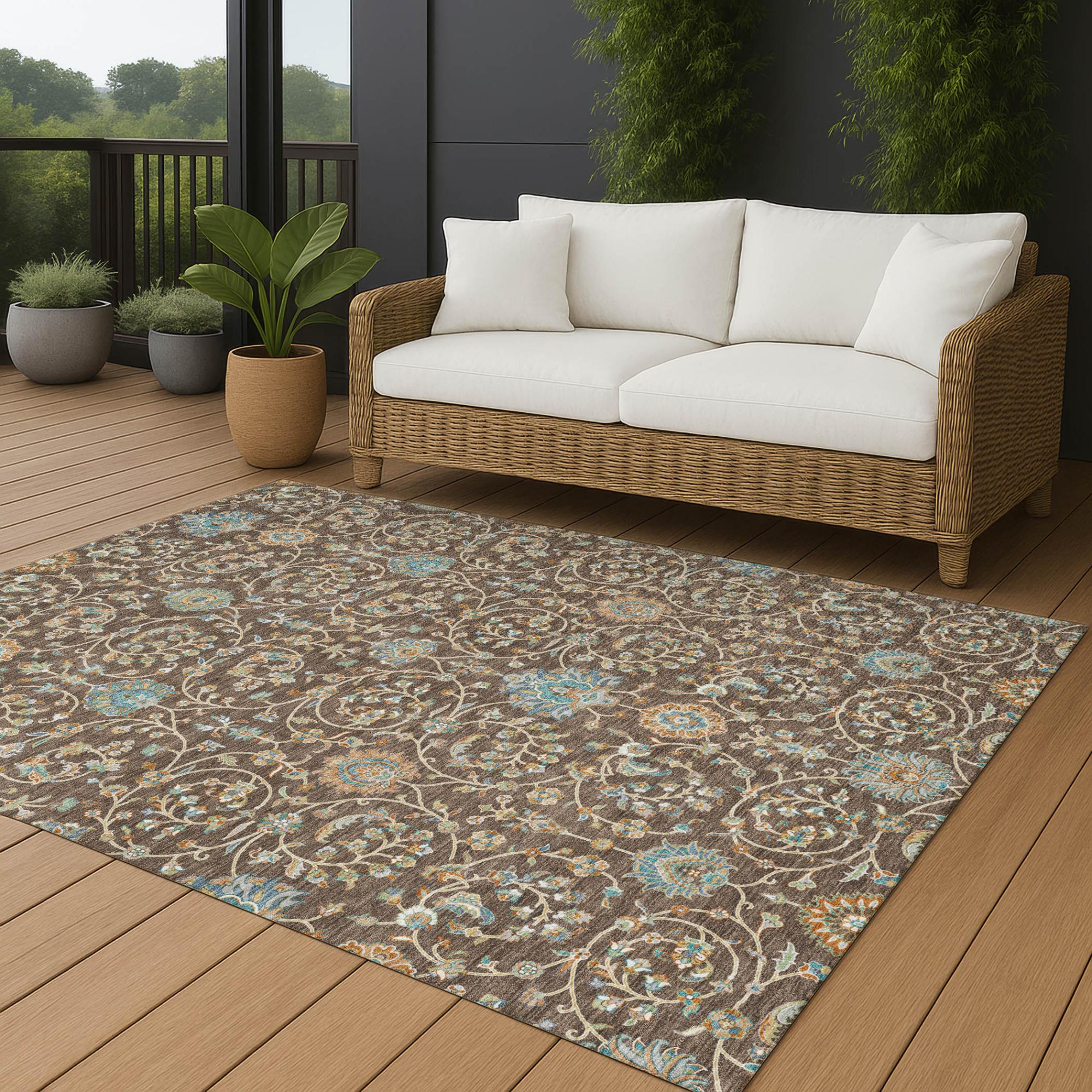 9' X 12' Coffee And Brown Floral Washable Indoor Outdoor Area Rug Homeroots Outdoor